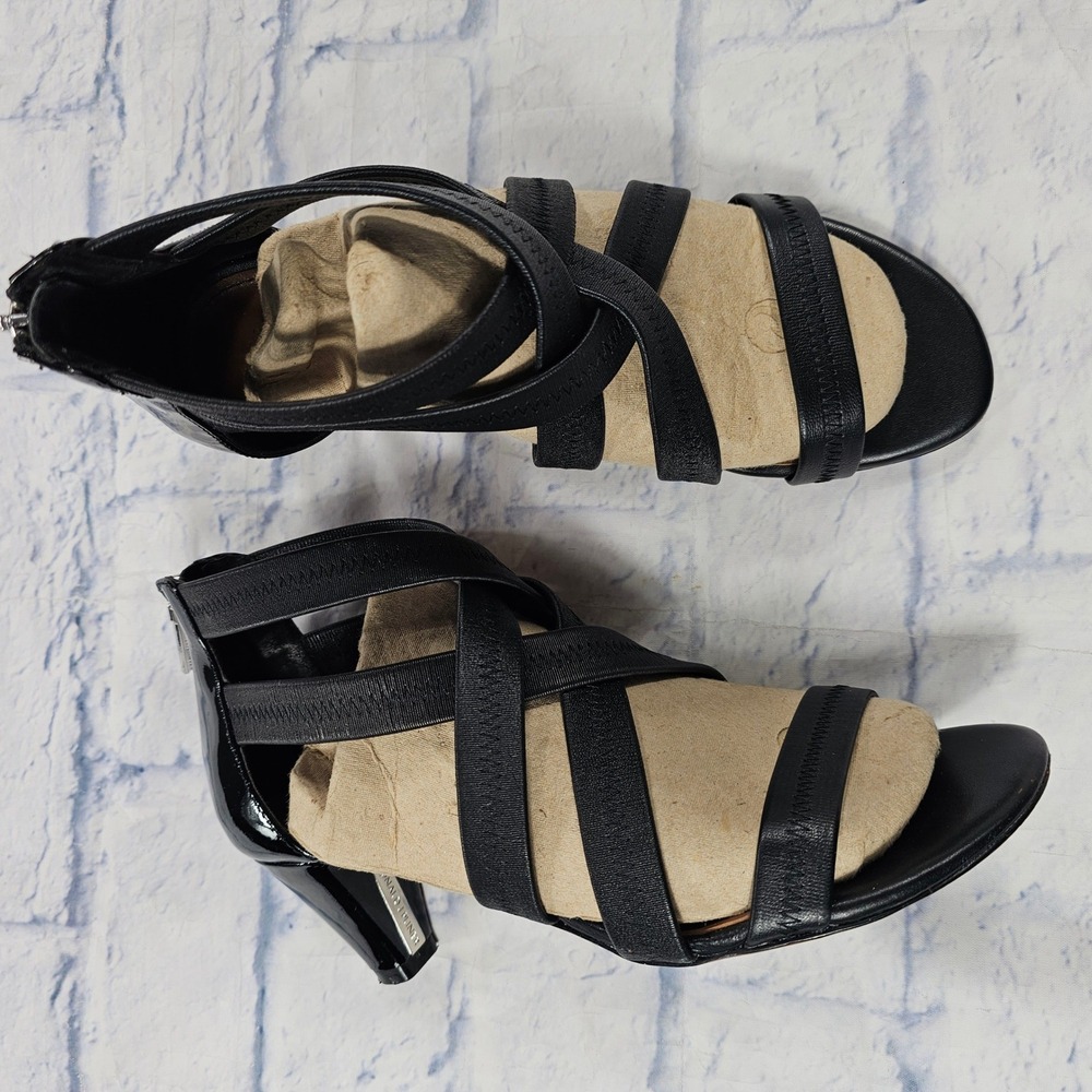 Donald J Pliner Strappy Sandals Womens 8M Black Elastic Caged Patent Heel Shoes
